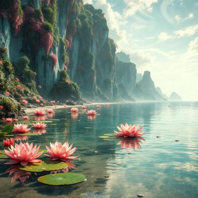 The primary subject of the image is a beautiful water lily floating on the surface of a body of water. The water lily is surrounded by a serene environment, with a mountainous landscape in the background. The visual style of the image is a combination of photo and digital art, creating a realistic yet artistic representation of the water lily and its surroundings. The colors and mood of the image are predominantly blue and green, with a sense of tranquility and natural beauty.